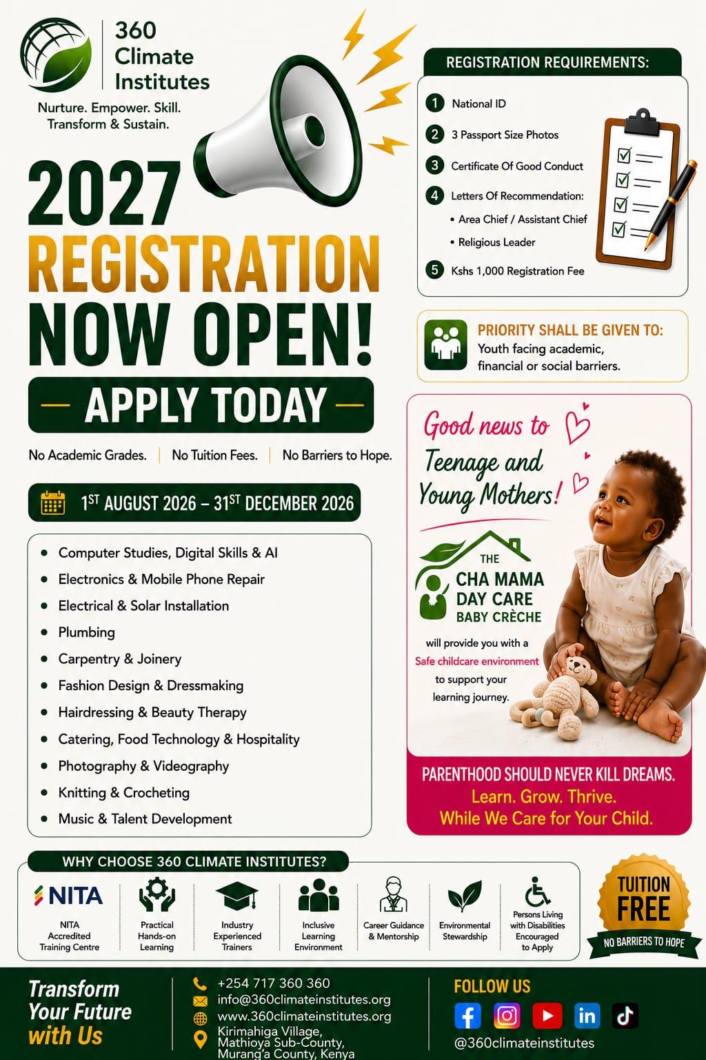2027 registration announcement for 360 Climate Institutes, including Cha Mama childcare support for young mothers.